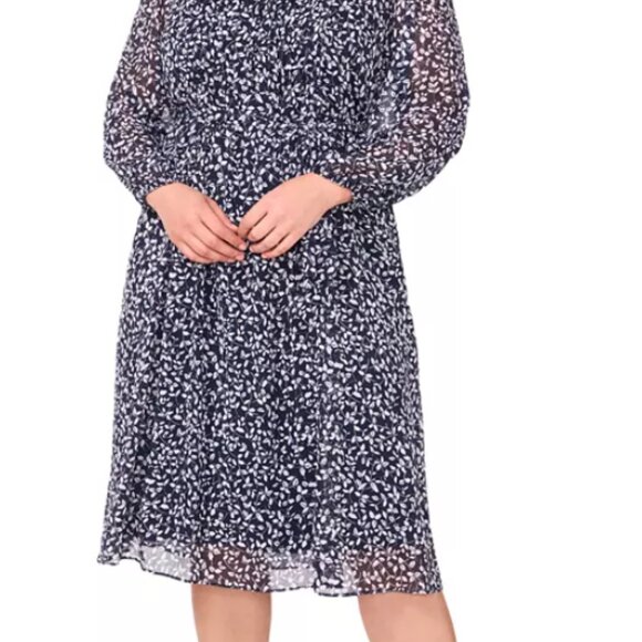 MSK Printed Pintucked Midi Dress Navy Chiffon Lightweight - Picture 1 of 3